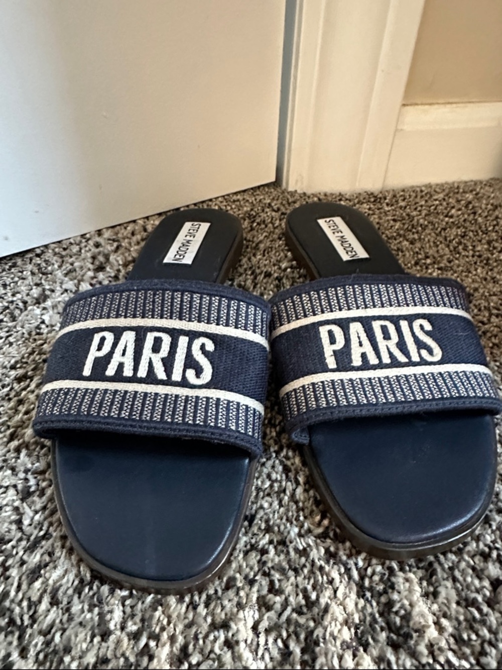 Steve Madden Navy and White PARIS Slide Sandals